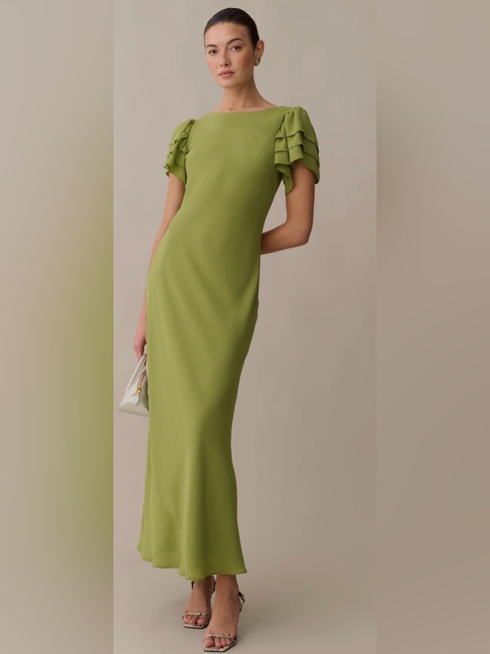 Olive Green Maxi Dress with Layered Ruffle Sleeves